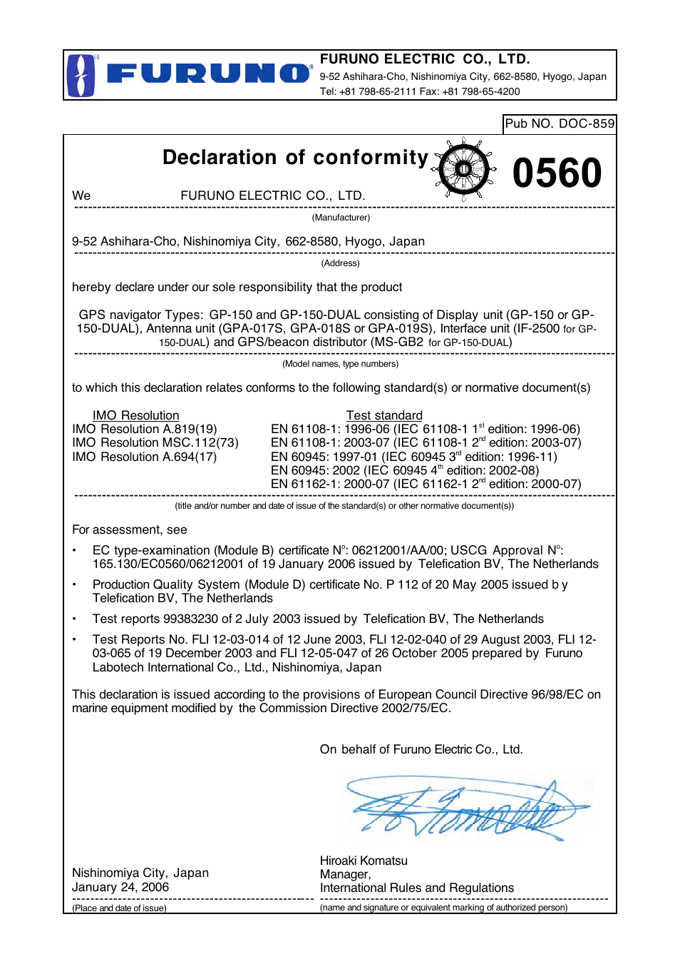 Declaration of conformity | Furuno GP-150-DUAL User Manual | Page 123 / 123