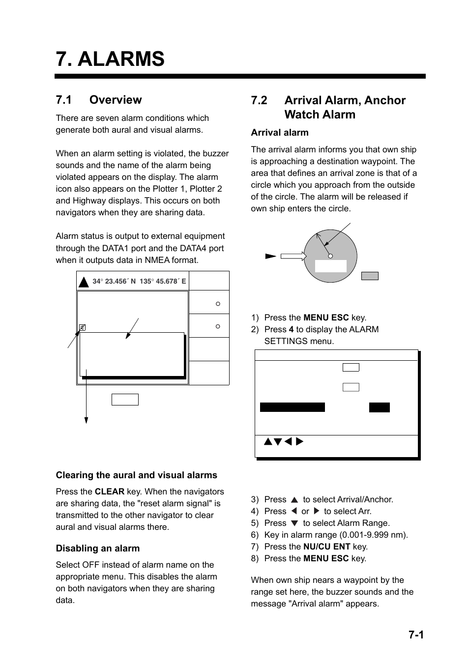 Alarms, 1 overview, 2 arrival alarm, anchor watch alarm | Furuno GP-150-DUAL User Manual | Page 47 / 123