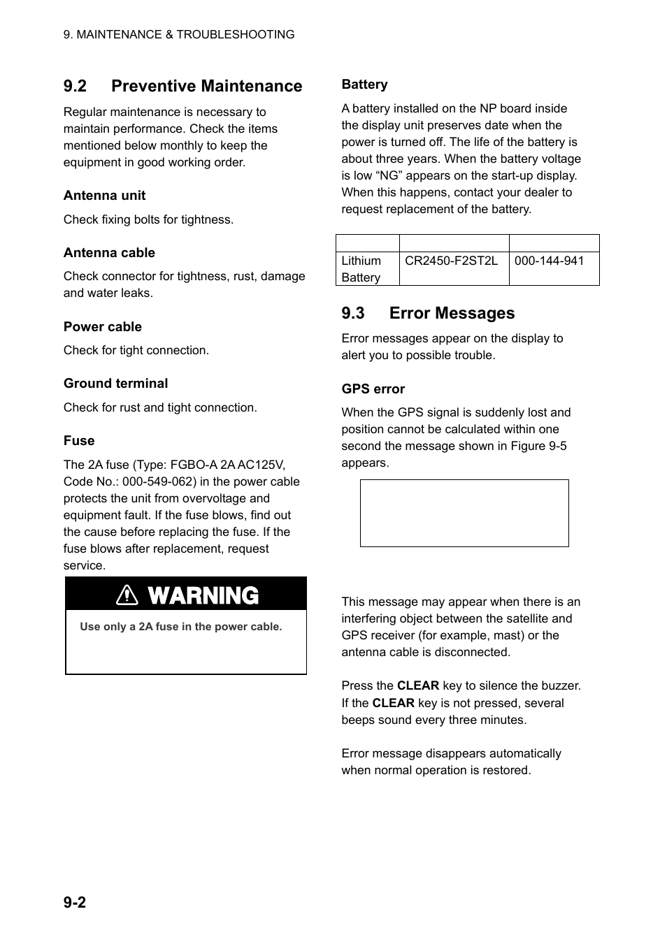 2 preventive maintenance, 3 error messages, Warning | Furuno GP-150-DUAL User Manual | Page 64 / 123