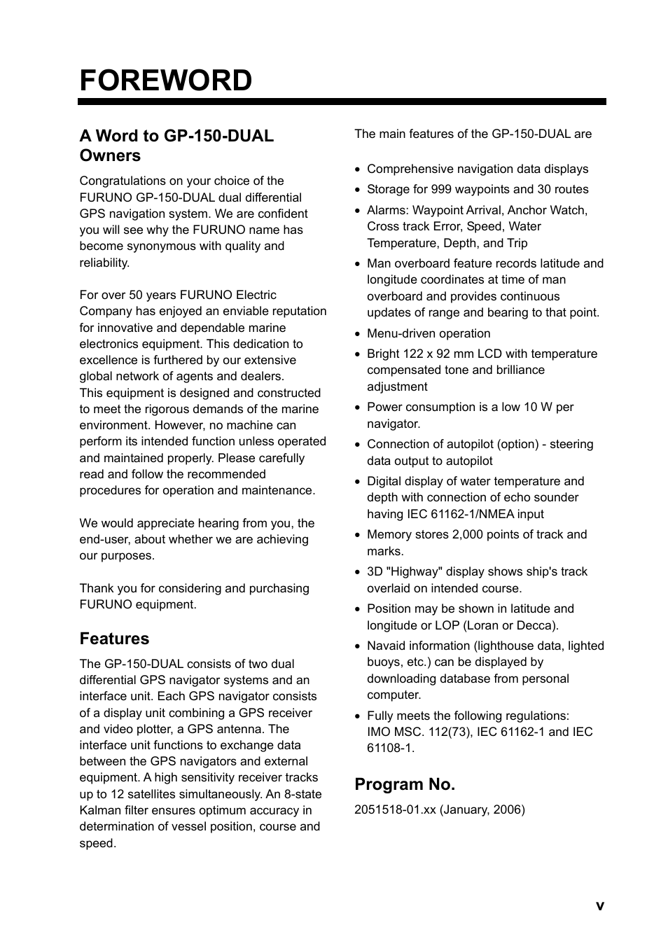 Foreword, A word to gp-150-dual owners, Features | Program no | Furuno GP-150-DUAL User Manual | Page 7 / 123