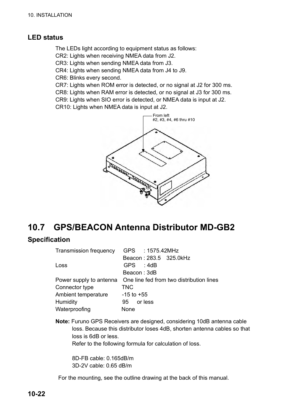 7 gps/beacon antenna distributor md-gb2, 22 led status, Specification | Furuno GP-150-DUAL User Manual | Page 90 / 123