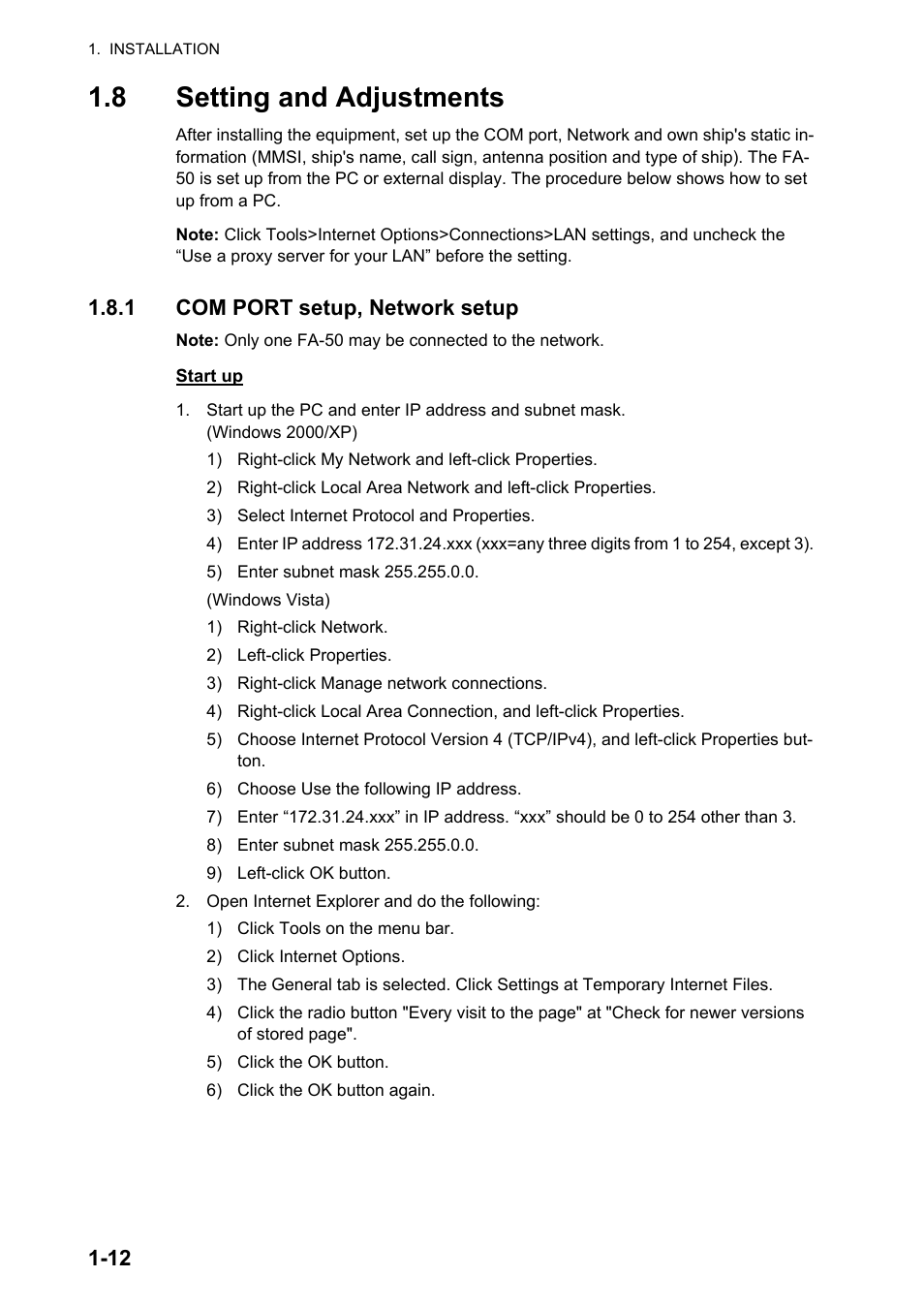 8 setting and adjustments, 8 setting and adjustments -12, Com port setup, network setup -12 | Furuno AIS Transponder FA-50 User Manual | Page 22 / 65