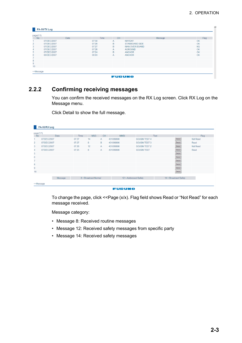 Confirming receiving messages -3, 3 2.2.2 confirming receiving messages | Furuno AIS Transponder FA-50 User Manual | Page 29 / 65