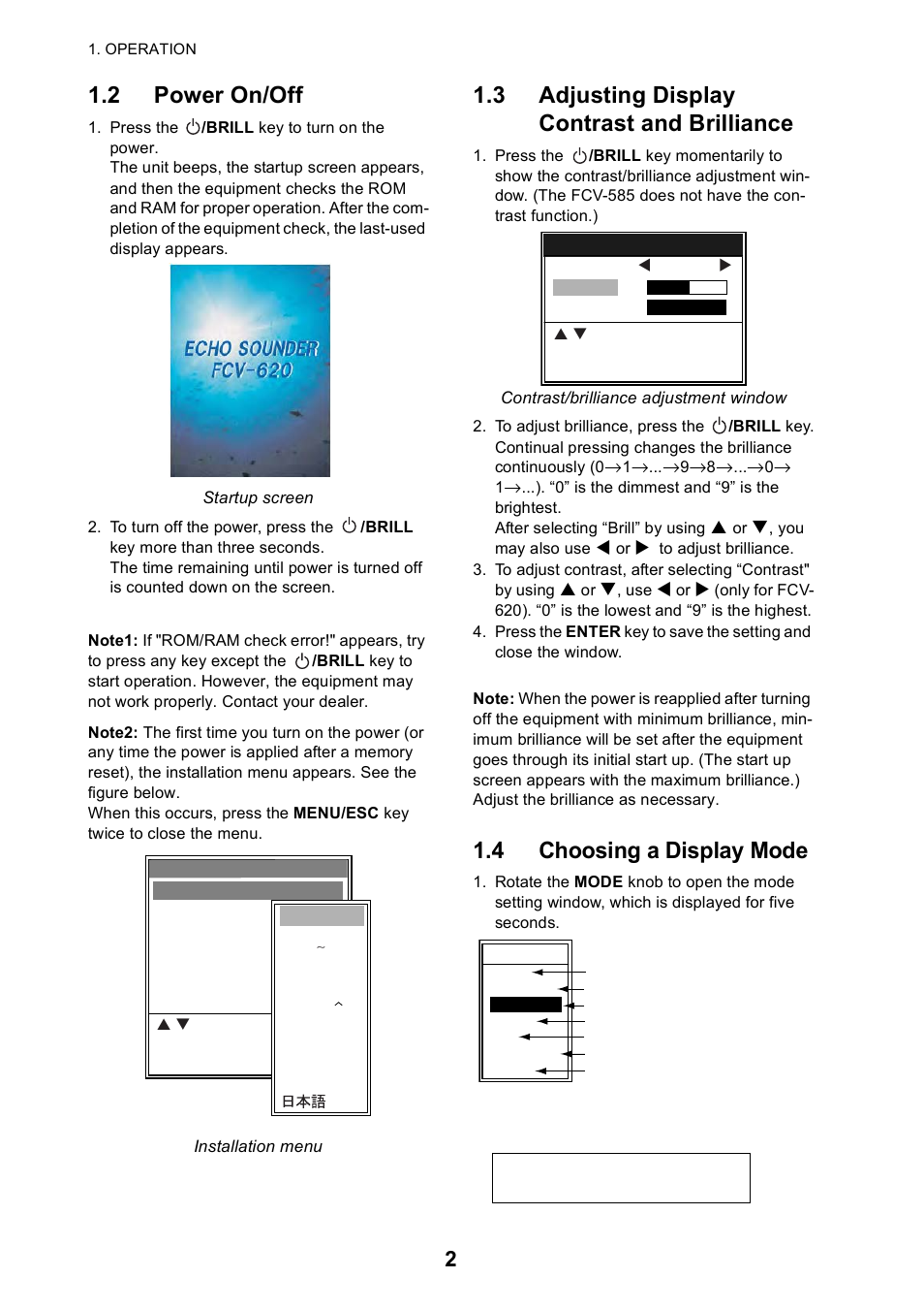 2 power on/off, 3 adjusting display contrast and brilliance, 4 choosing a display mode | Furuno 585 User Manual | Page 11 / 56