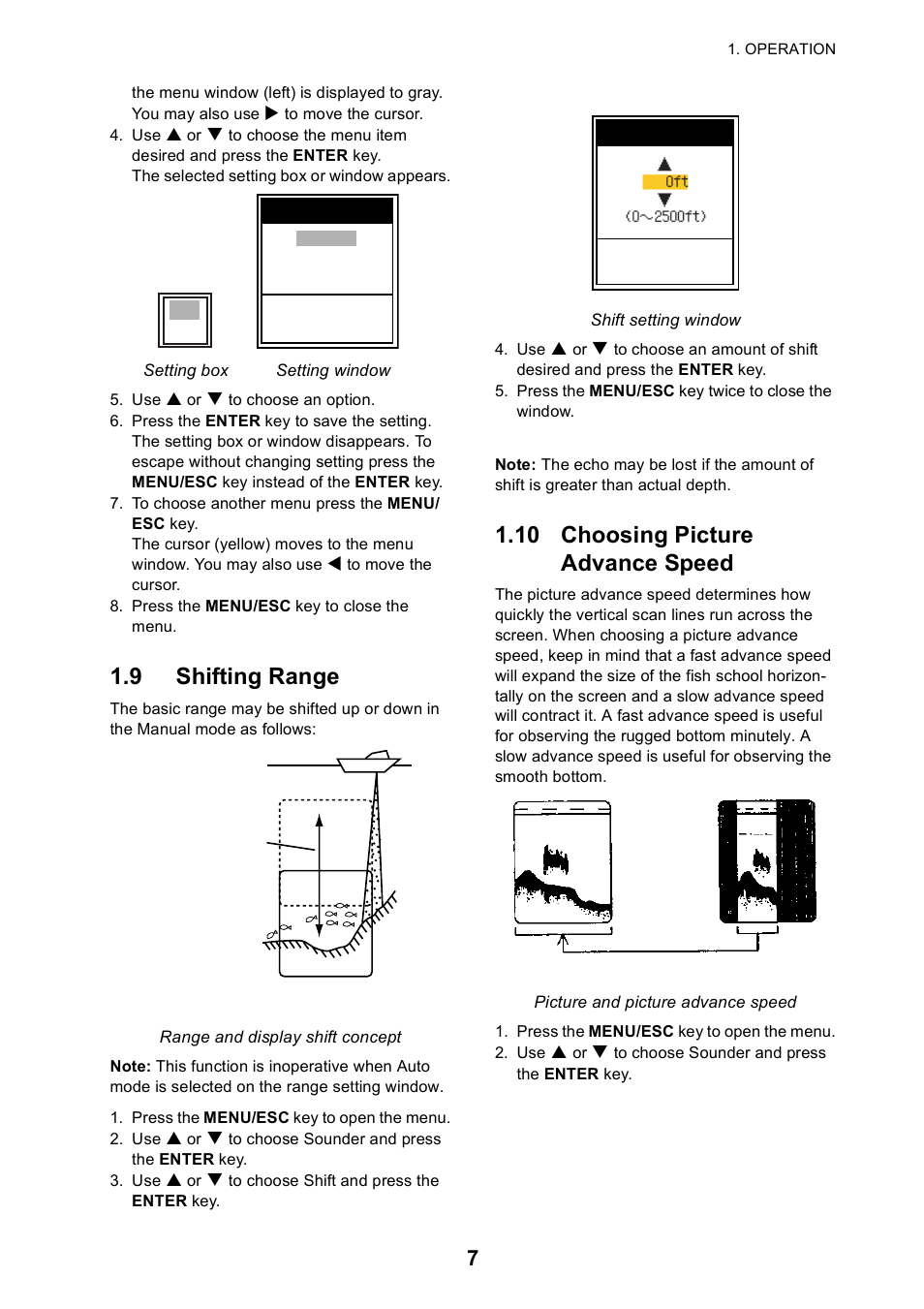 9 shifting range, 10 choosing picture advance speed | Furuno 585 User Manual | Page 16 / 56