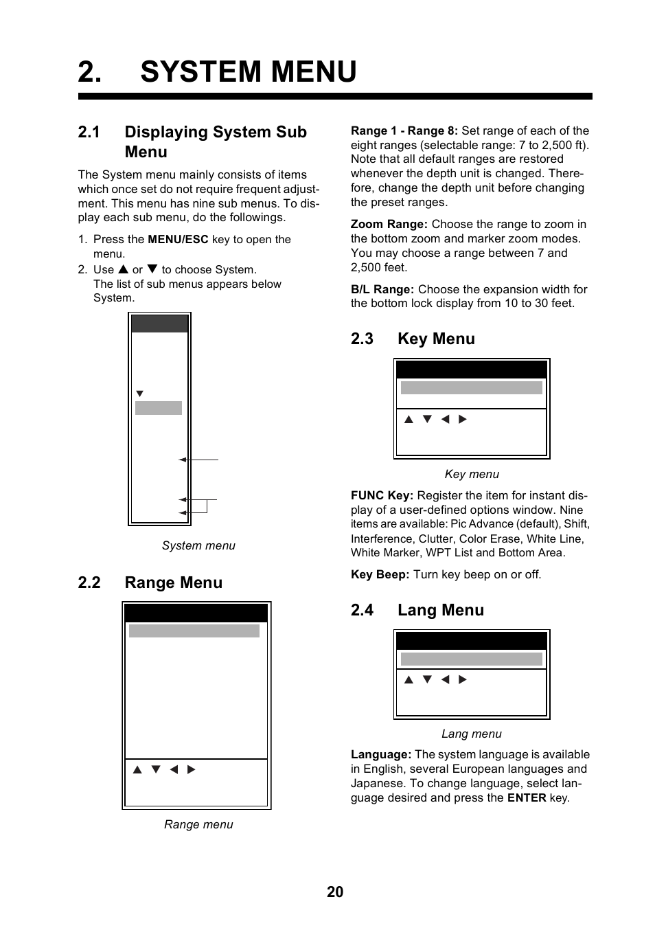 System menu, 1 displaying system sub menu, 2 range menu | 3 key menu, 4 lang menu | Furuno 585 User Manual | Page 29 / 56