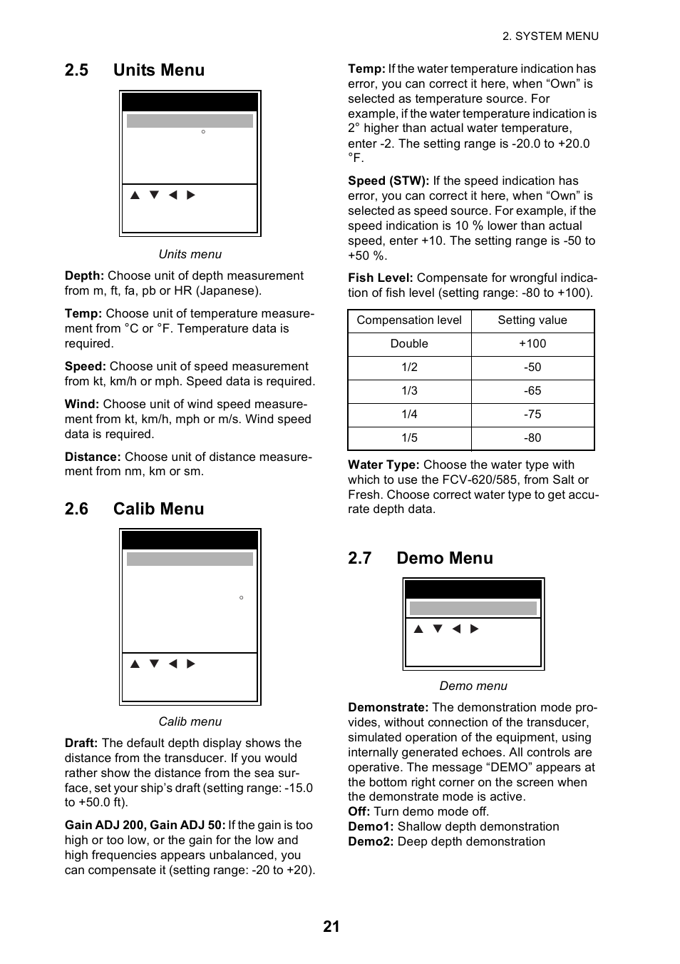 5 units menu, 6 calib menu, 7 demo menu | Furuno 585 User Manual | Page 30 / 56