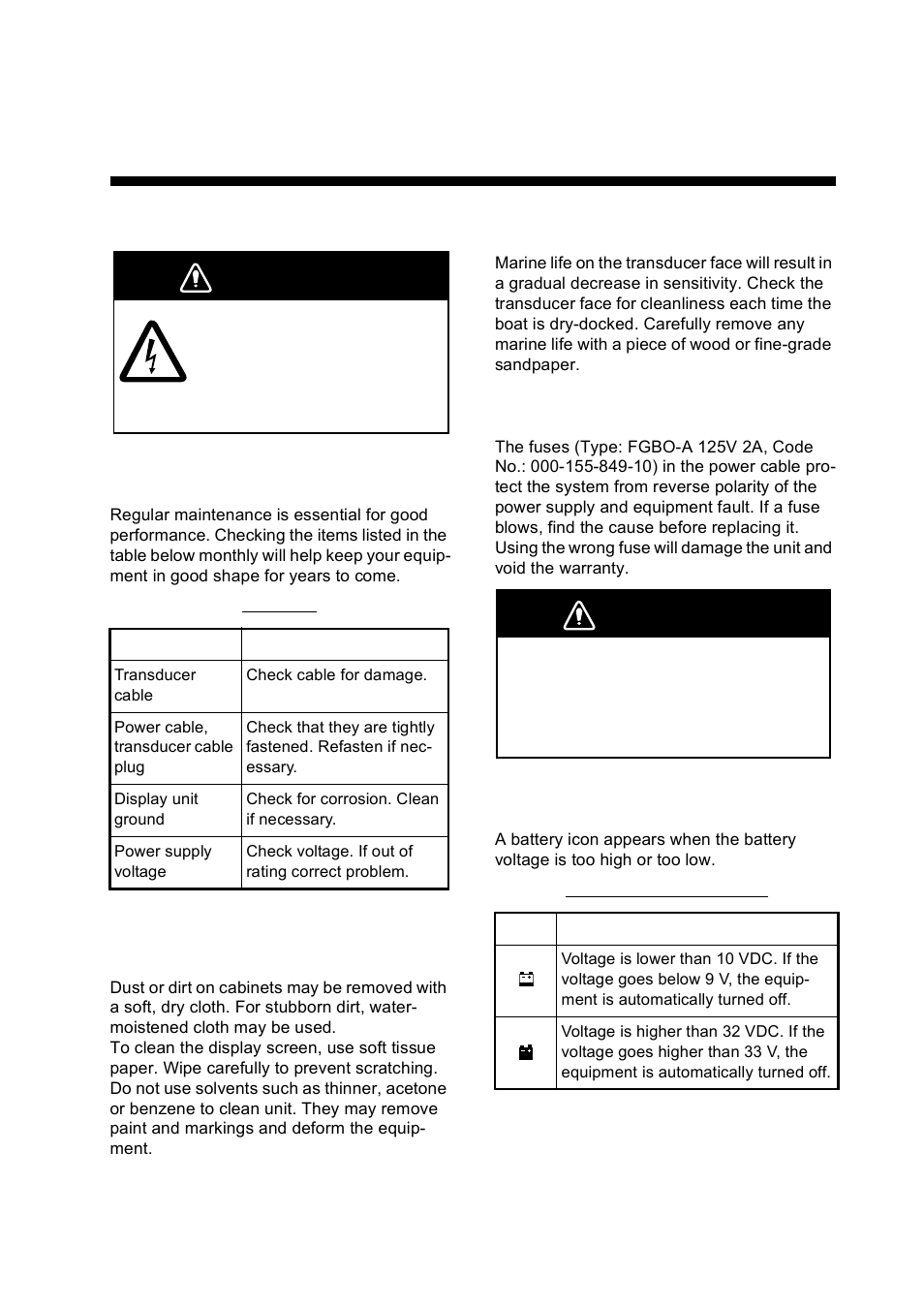 Maintenance, troubleshooting, 1 maintenance, 2 cleaning the display unit | 3 transducer maintenance, 4 replacing the fuse, 5 battery voltage alert, Maintenance, trouble- shooting, Warning | Furuno 585 User Manual | Page 31 / 56