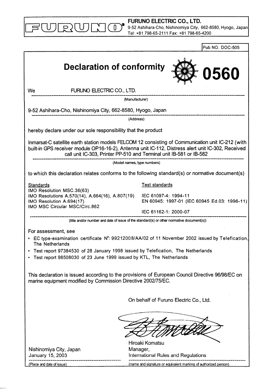 Declaration of conformity to type | Furuno INMARSAT-C MOBILE EARTH STATION FELCOM 12 User Manual | Page 182 / 182