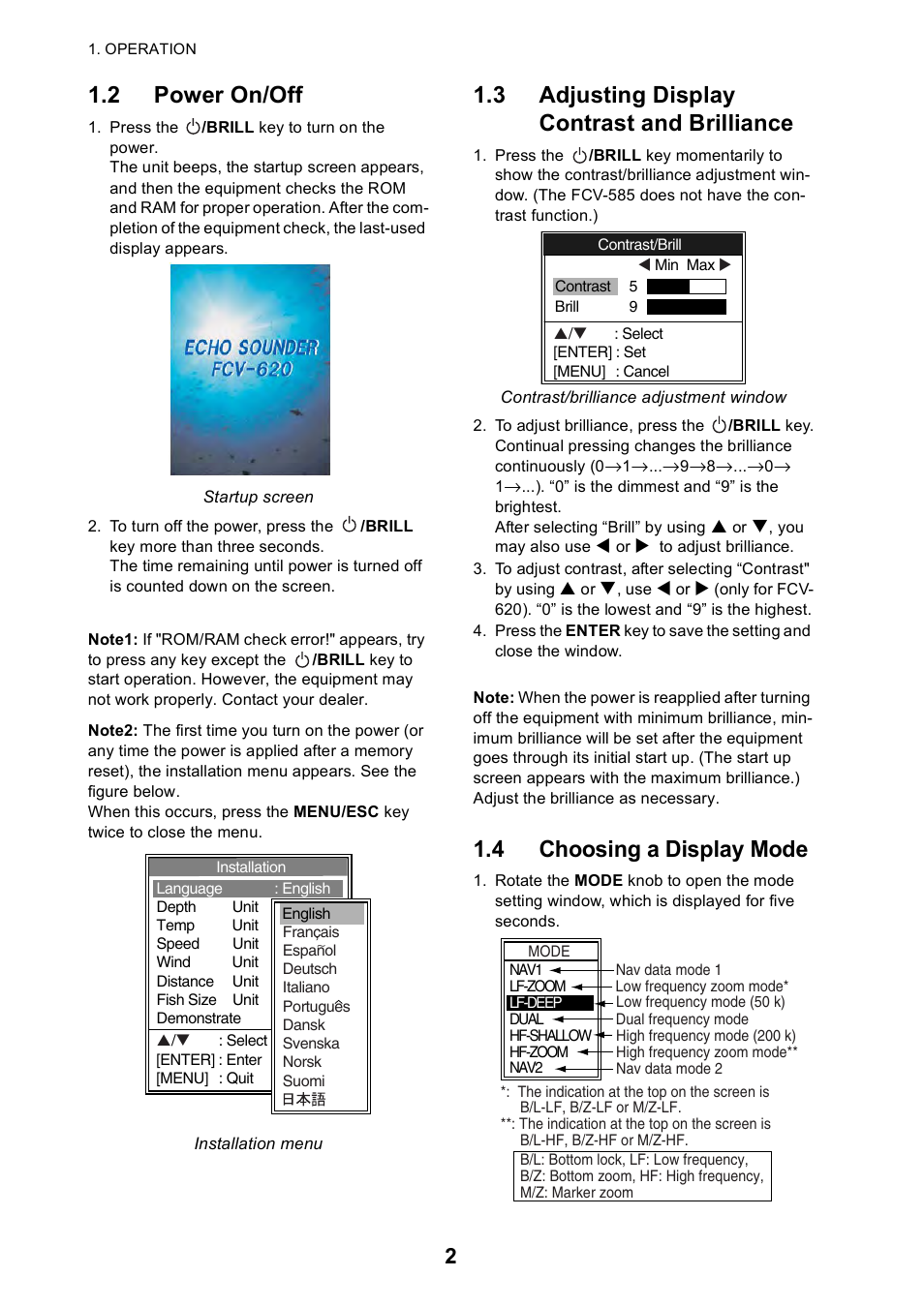 2 power on/off, 3 adjusting display contrast and brilliance, 4 choosing a display mode | Furuno Color LCD Sounder FCV-620/585 User Manual | Page 11 / 56