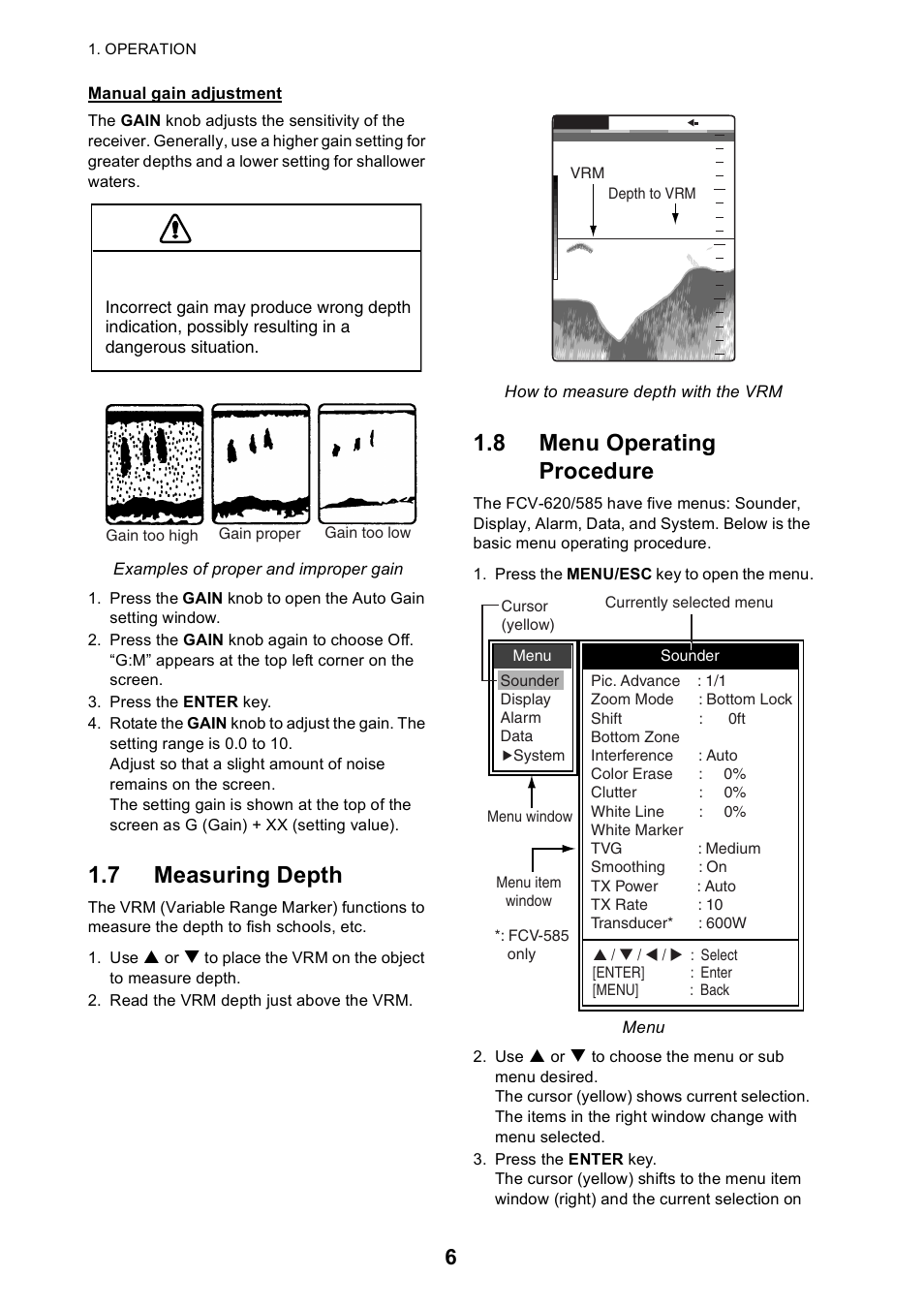 7 measuring depth, 8 menu operating procedure, Caution | Furuno Color LCD Sounder FCV-620/585 User Manual | Page 15 / 56