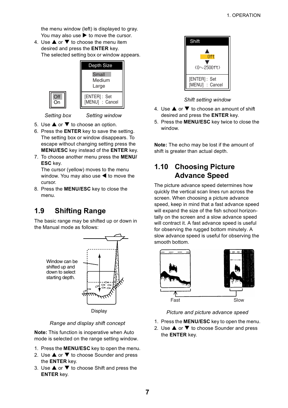 9 shifting range, 10 choosing picture advance speed | Furuno Color LCD Sounder FCV-620/585 User Manual | Page 16 / 56