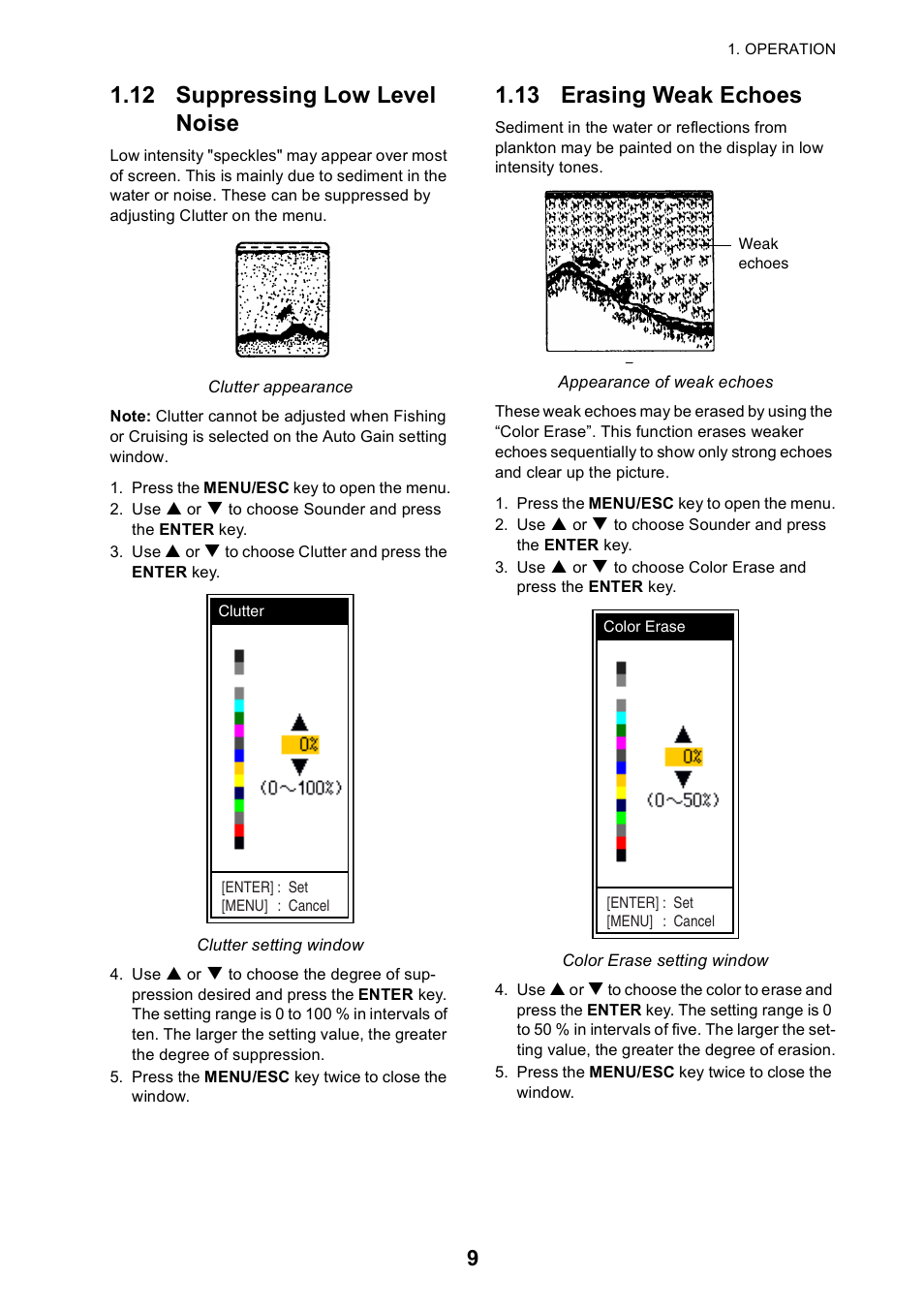 12 suppressing low level noise, 13 erasing weak echoes | Furuno Color LCD Sounder FCV-620/585 User Manual | Page 18 / 56