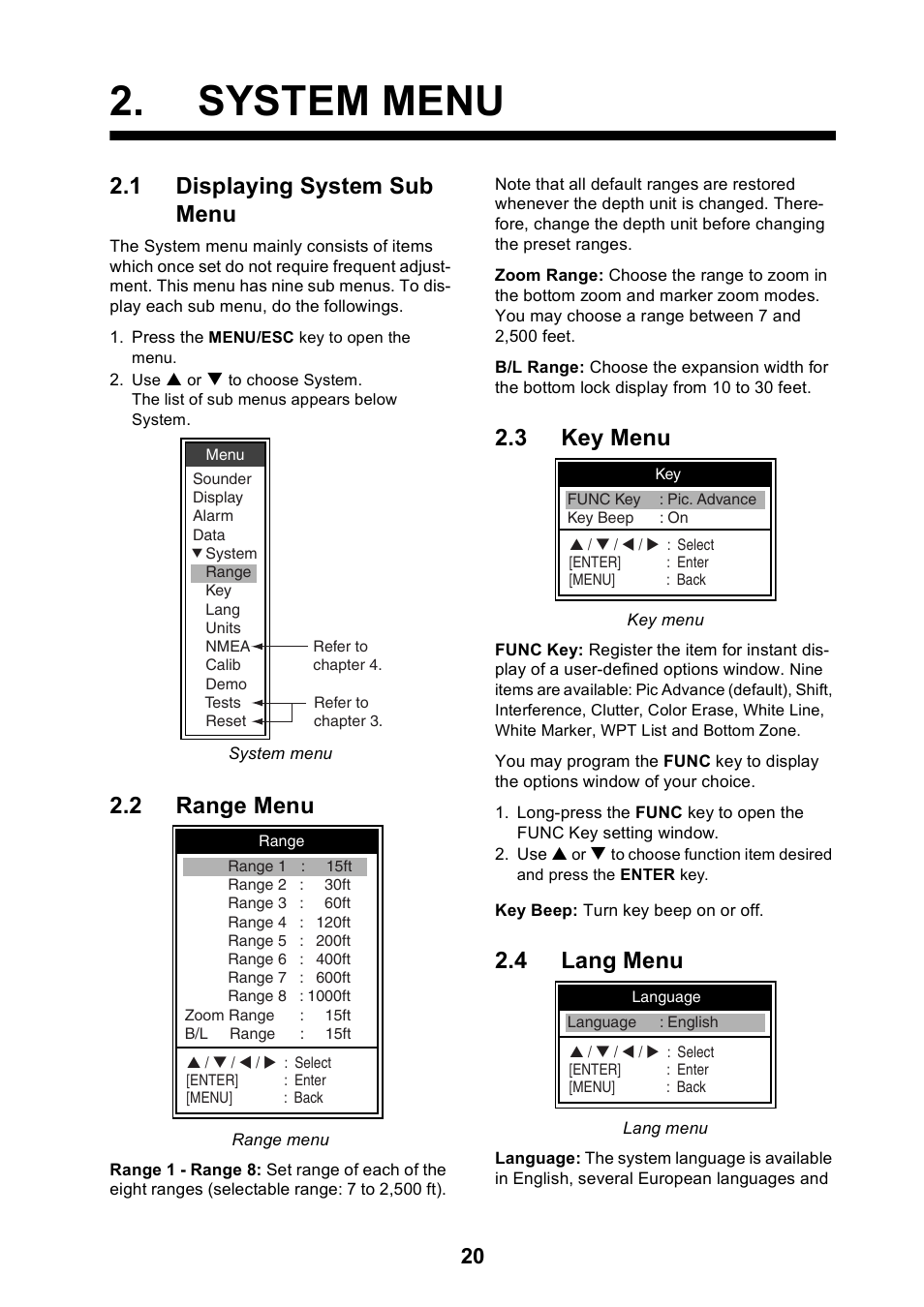 System menu, 1 displaying system sub menu, 2 range menu | 3 key menu, 4 lang menu | Furuno Color LCD Sounder FCV-620/585 User Manual | Page 29 / 56