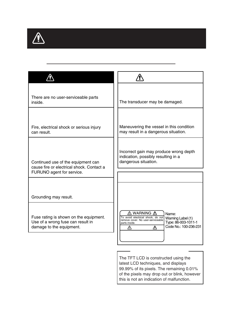 Safety instructions, Warning, Caution | Notice, Safety instructions for the operator | Furuno Color LCD Sounder FCV-620/585 User Manual | Page 3 / 56