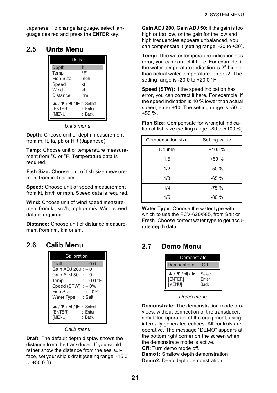5 units menu, 6 calib menu, 7 demo menu | Furuno Color LCD Sounder FCV-620/585 User Manual | Page 30 / 56