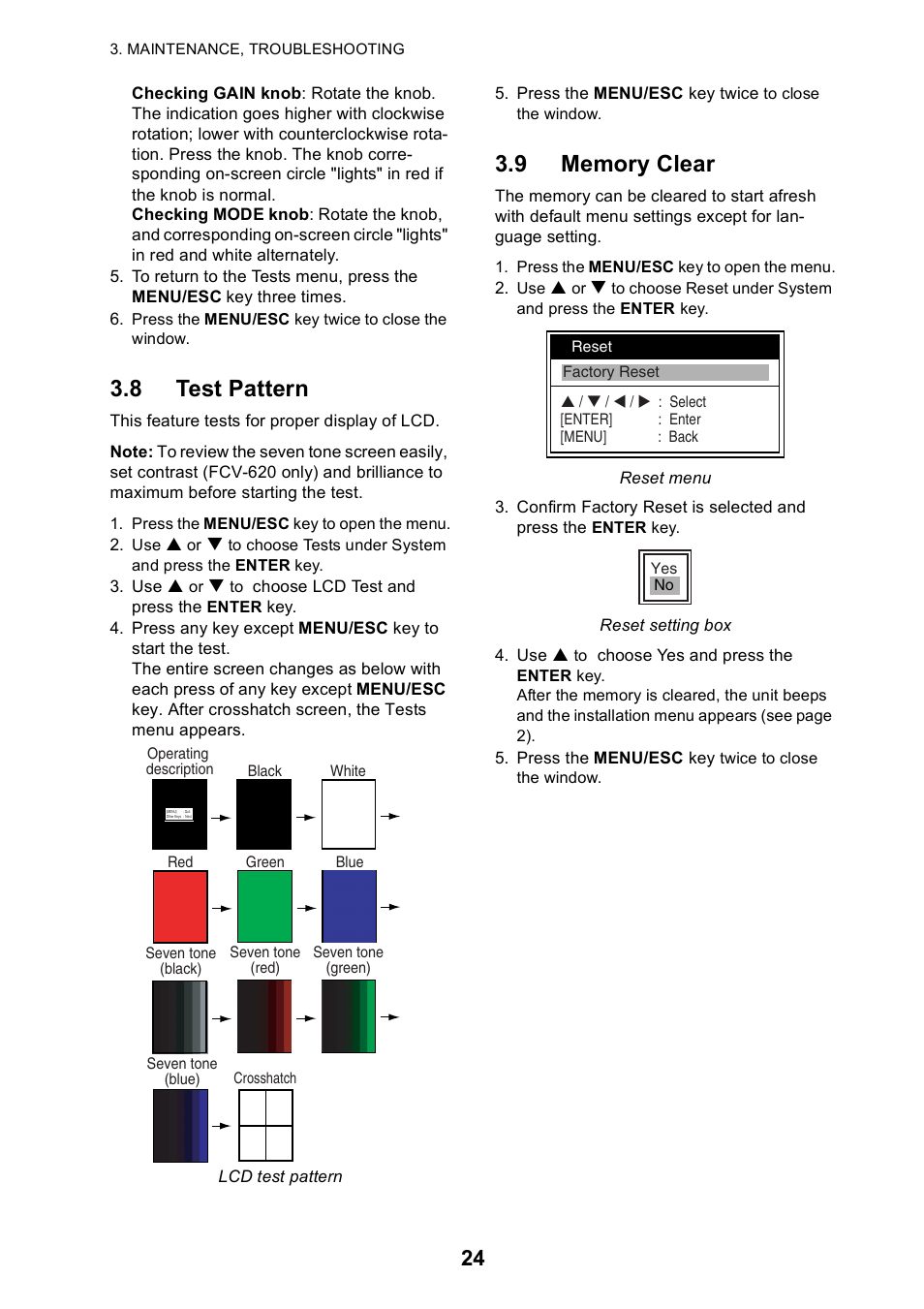 8 test pattern, 9 memory clear | Furuno Color LCD Sounder FCV-620/585 User Manual | Page 33 / 56