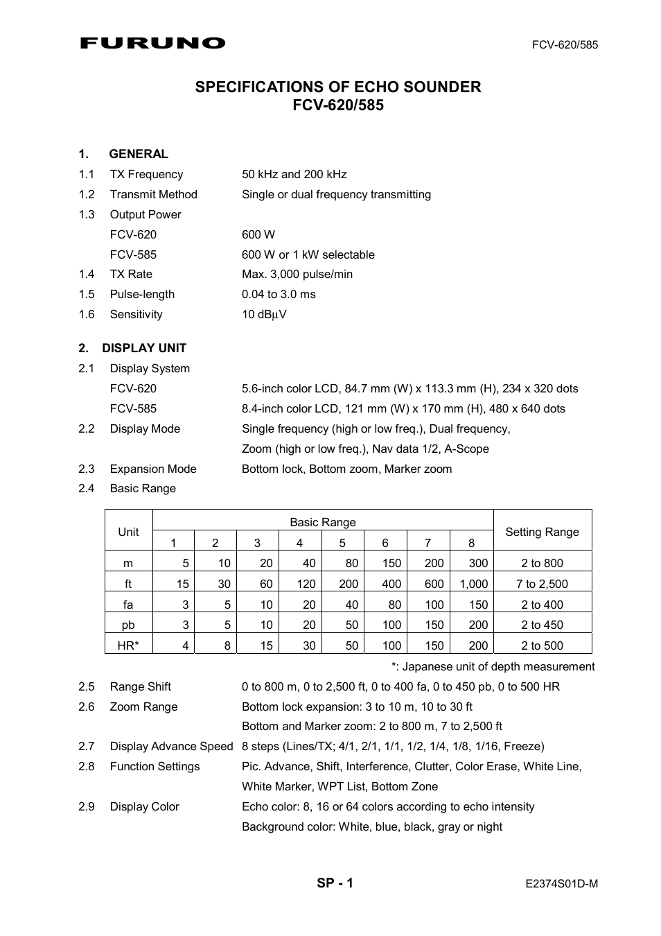 Specifications, Furuno | Furuno Color LCD Sounder FCV-620/585 User Manual | Page 49 / 56