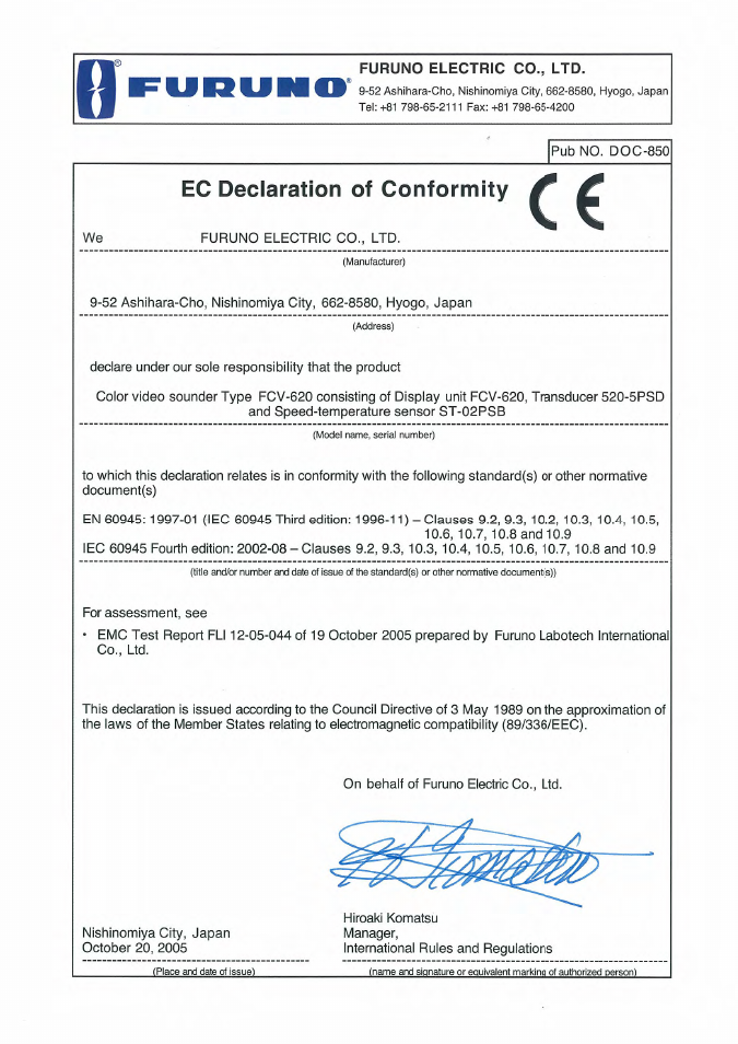 Declaration of conformity | Furuno Color LCD Sounder FCV-620/585 User Manual | Page 55 / 56