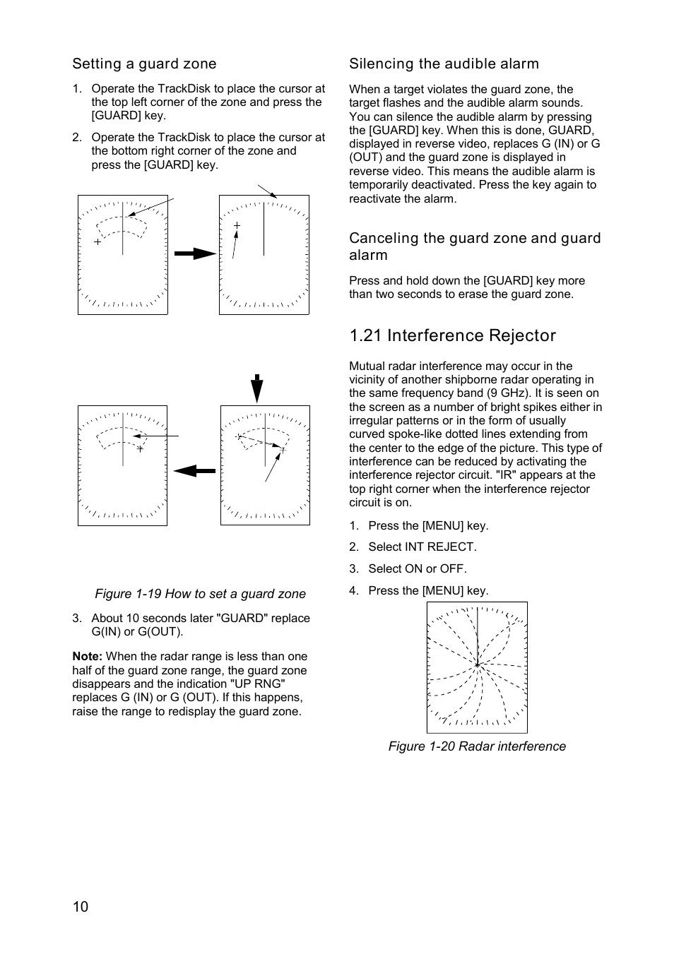 21 interference rejector, 10 setting a guard zone, Silencing the audible alarm | Canceling the guard zone and guard alarm | Furuno MODEL 1622 User Manual | Page 18 / 35