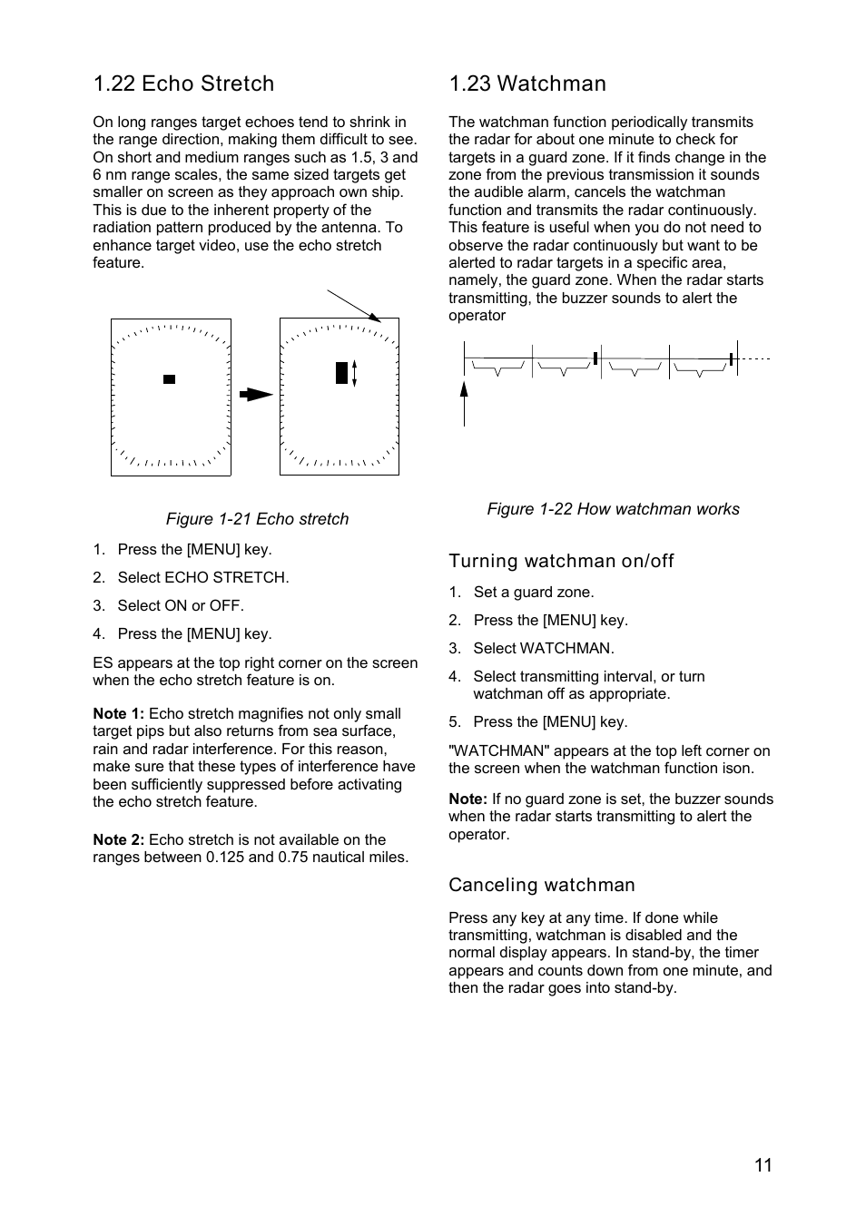 22 echo stretch, 23 watchman | Furuno MODEL 1622 User Manual | Page 19 / 35