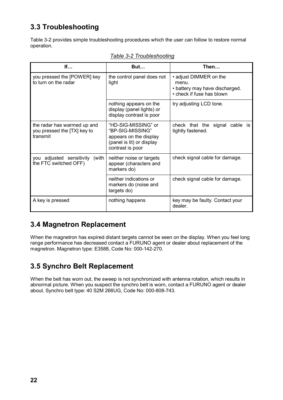 3 troubleshooting, 4 magnetron replacement, 5 synchro belt replacement | Furuno MODEL 1622 User Manual | Page 30 / 35