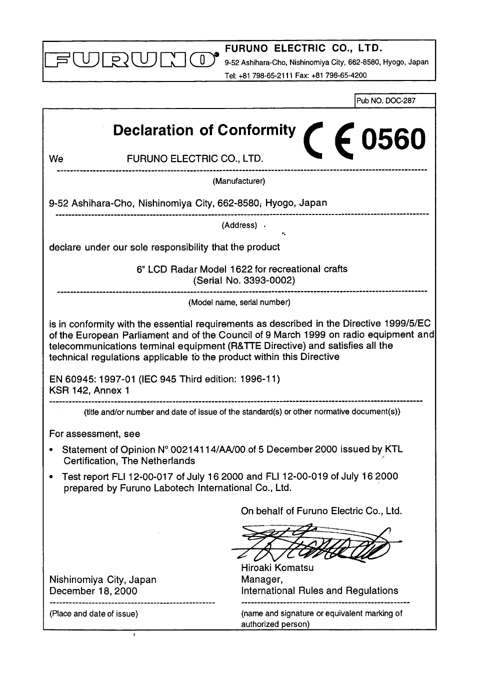 Declaration of conformity | Furuno MODEL 1622 User Manual | Page 35 / 35