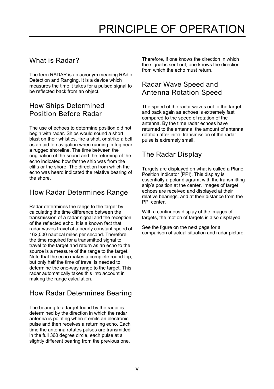 Principle of operation, What is radar, How ships determined position before radar | How radar determines range, How radar determines bearing, Radar wave speed and antenna rotation speed, The radar display | Furuno MODEL 1622 User Manual | Page 7 / 35