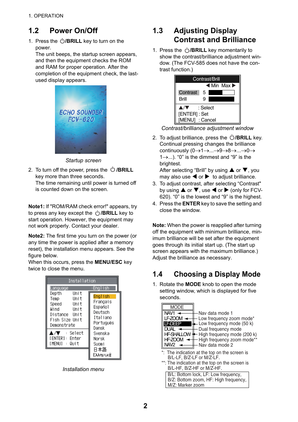 2 power on/off, 3 adjusting display contrast and brilliance, 4 choosing a display mode | Furuno FCV-620 User Manual | Page 11 / 57