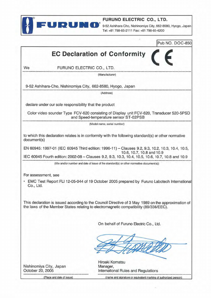 Declaration of conformity | Furuno FCV-620 User Manual | Page 56 / 57