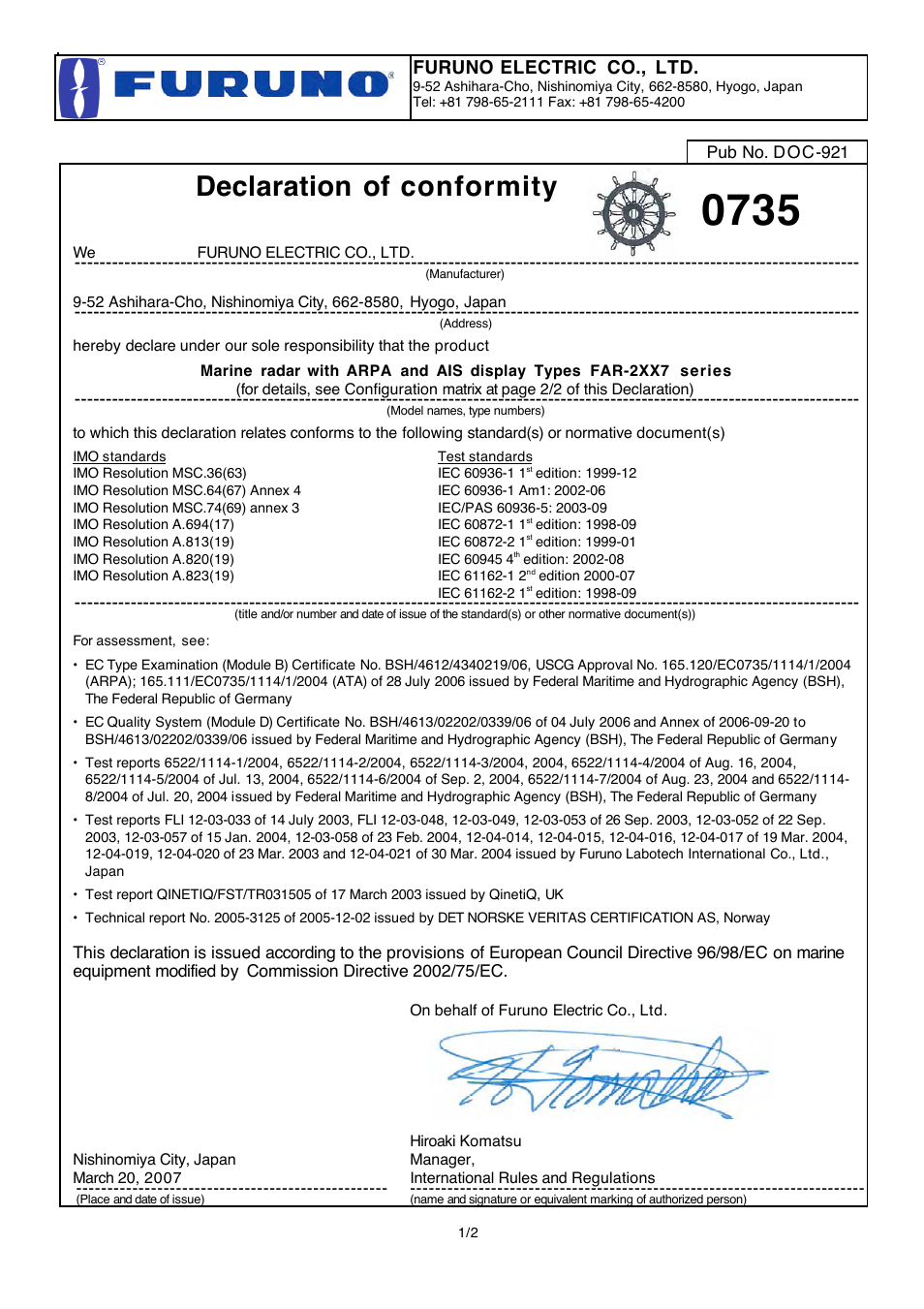 Declaration of conformity, Furuno electric co., ltd | Furuno BB FAR28x7 User Manual | Page 299 / 305
