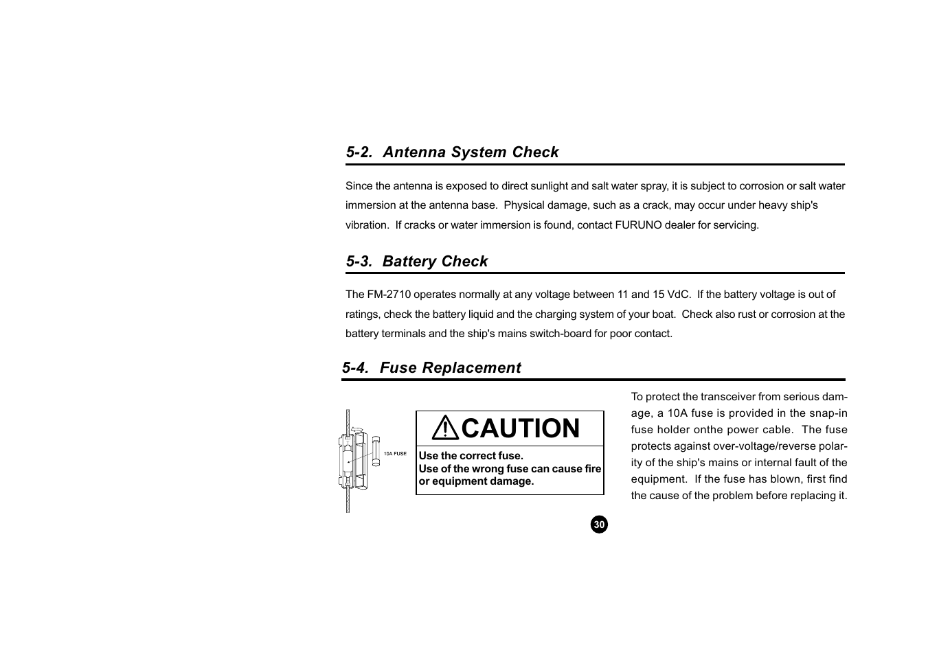 2. antenna system check, 3. battery check, 4. fuse replacement | Caution | Furuno FM-2710 User Manual | Page 34 / 43