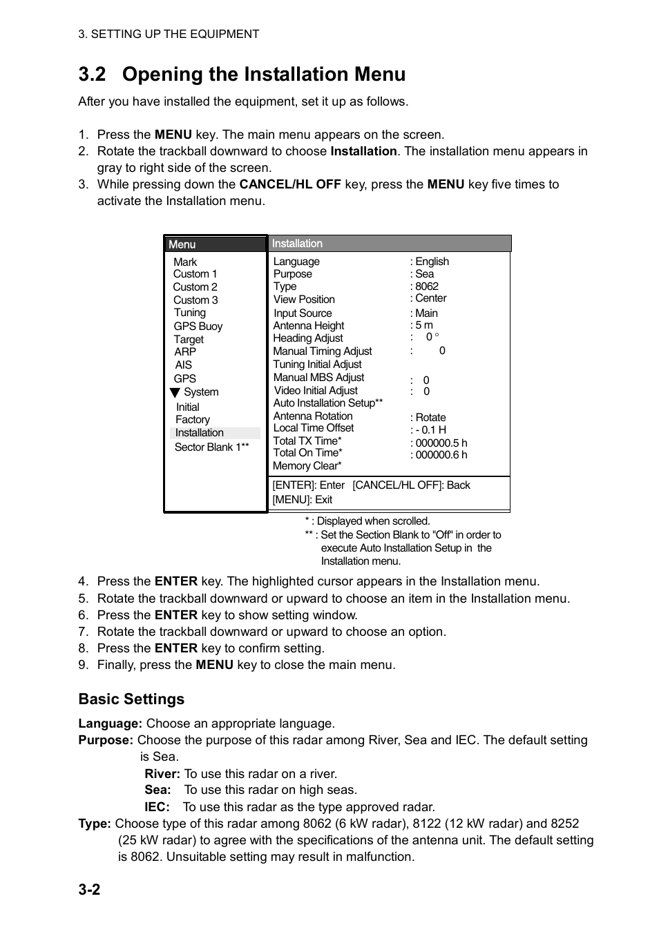 2 opening the installation menu, Basic settings | Furuno FR-8122 User Manual | Page 30 / 56