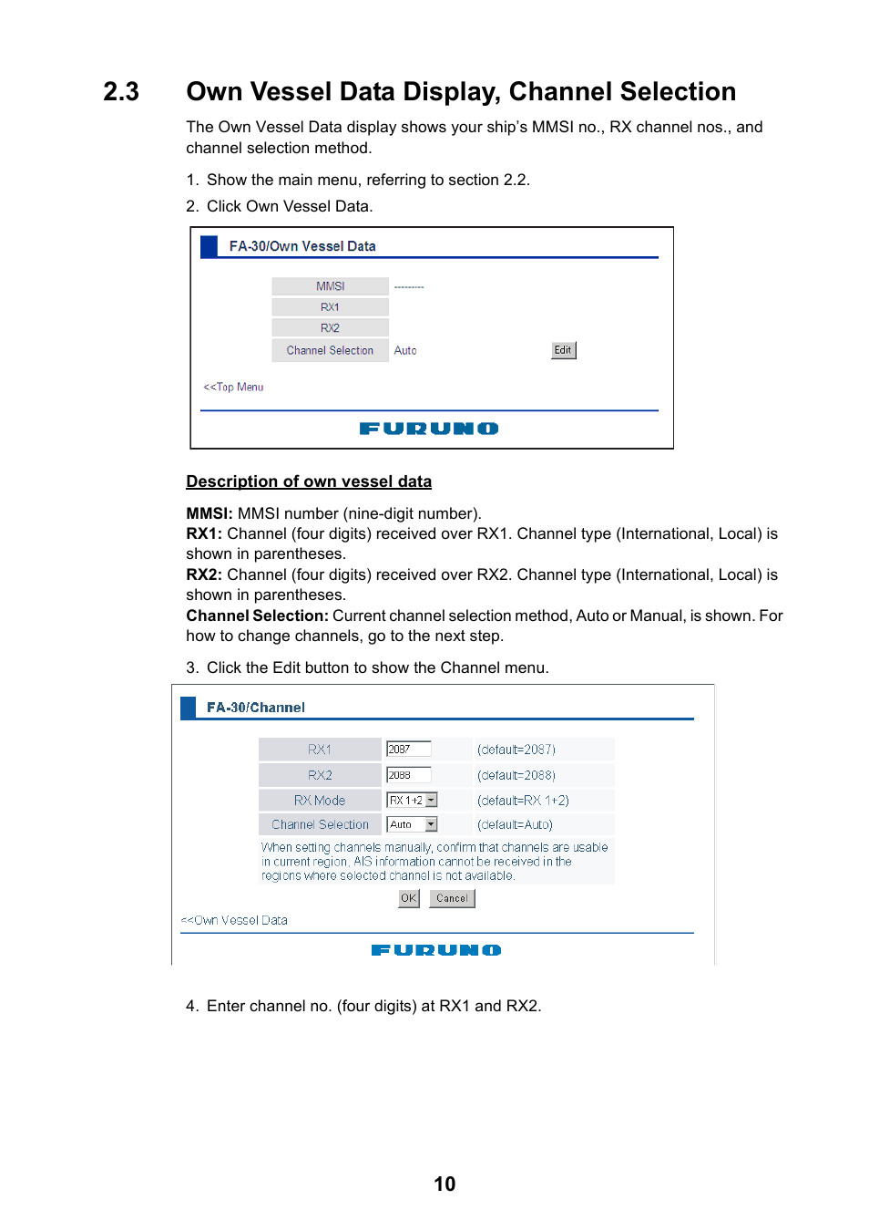 3 own vessel data display, channel selection | Furuno FA-30 User Manual | Page 18 / 30