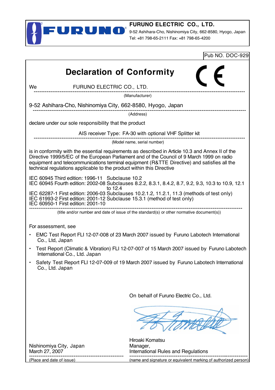 Declaration of conformity | Furuno FA-30 User Manual | Page 30 / 30