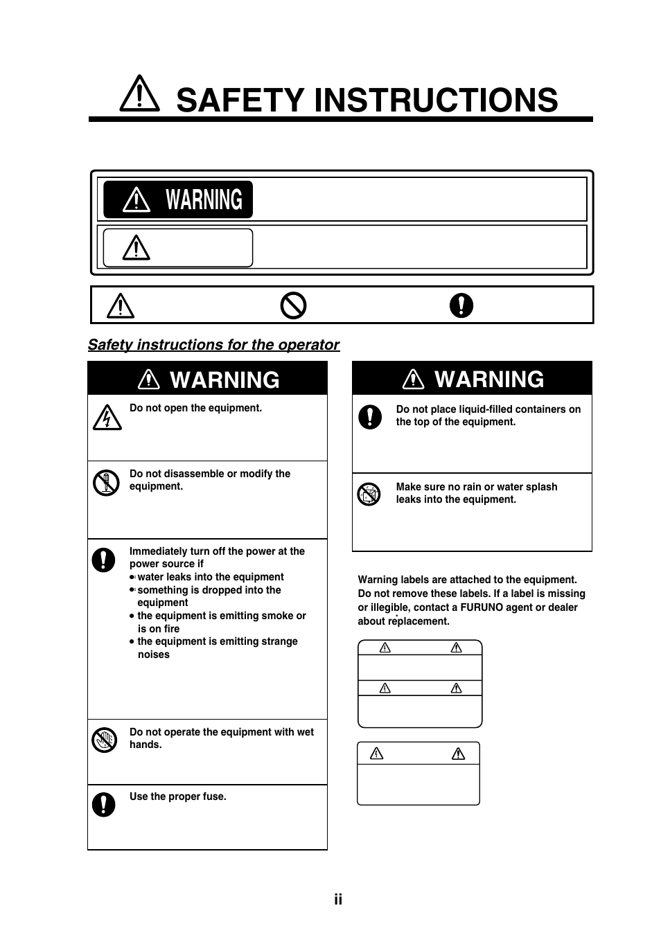 Safety instructions, Warning, Caution | Safety instructions for the operator | Furuno FA-30 User Manual | Page 4 / 30