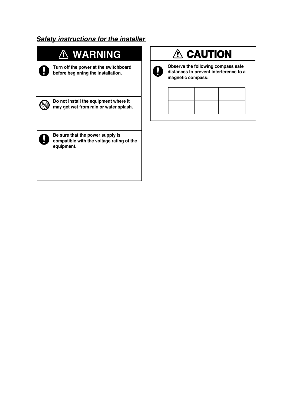 Caution, Warning, Safety instructions for the installer | Furuno FA-30 User Manual | Page 5 / 30