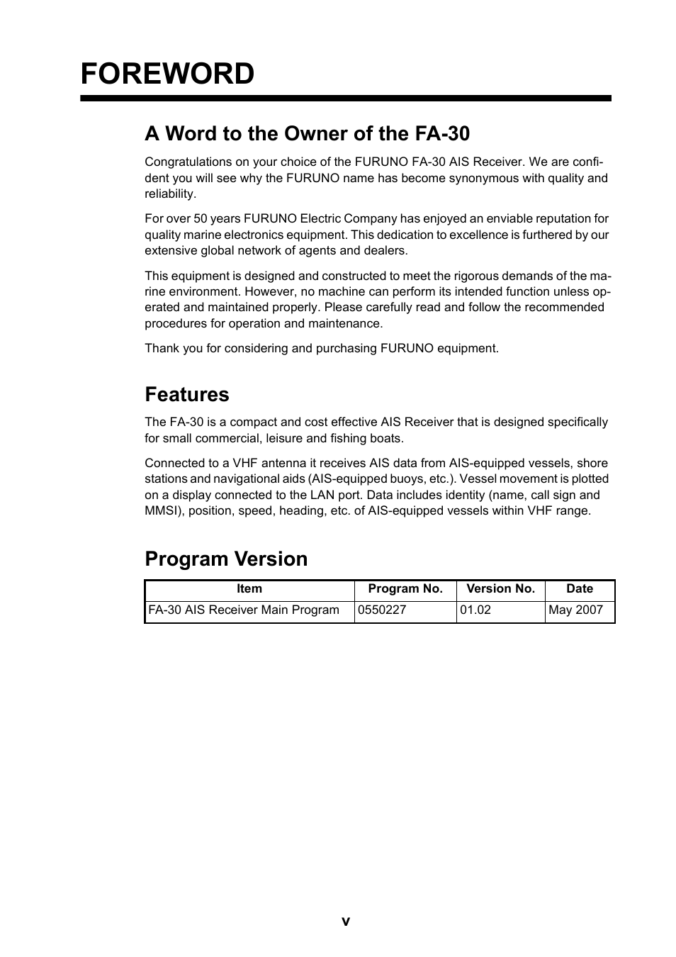 Foreword, A word to the owner of the fa-30, Features | Program version | Furuno FA-30 User Manual | Page 7 / 30