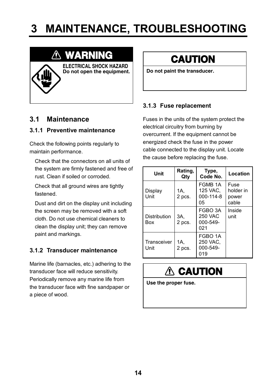 3 maintenance, troubleshooting, 1 maintenance, Warning | Caution | Furuno DS-80 User Manual | Page 22 / 40