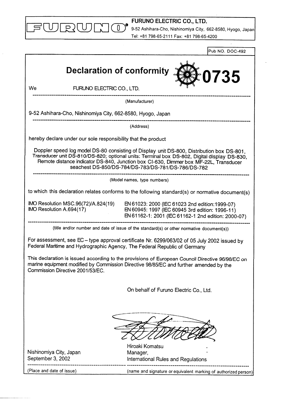 Declaration of conformity | Furuno DS-80 User Manual | Page 40 / 40