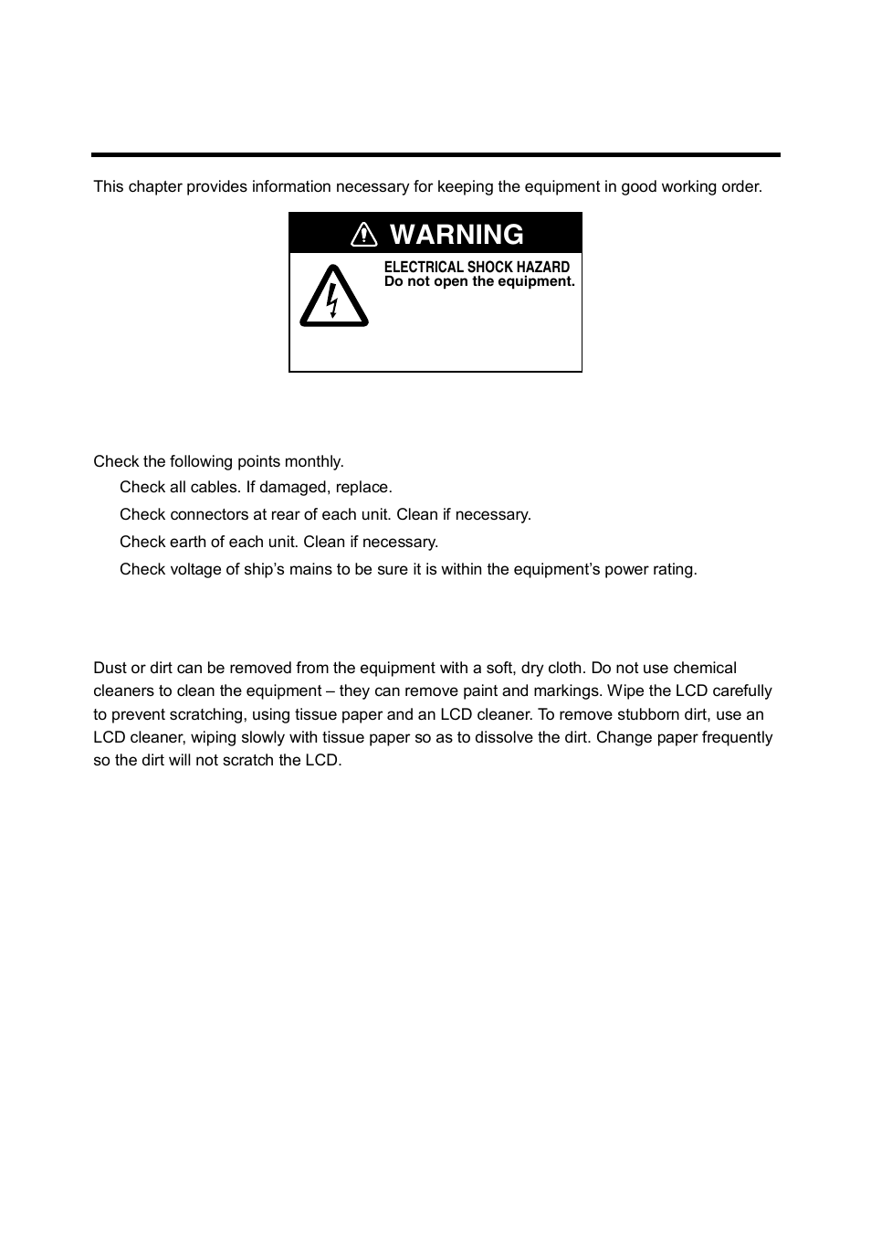 Maintenance, troubleshooting, 1 preventive maintenance, 2 cleaning the equipment | Warning | Furuno CH-250 User Manual | Page 103 / 118