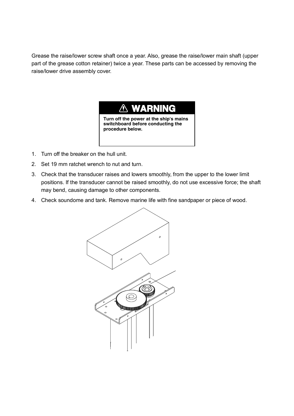 3 hull unit maintenance, Warning, 1 lubrication | 2 manually raising, lowering transducer | Furuno CH-250 User Manual | Page 104 / 118