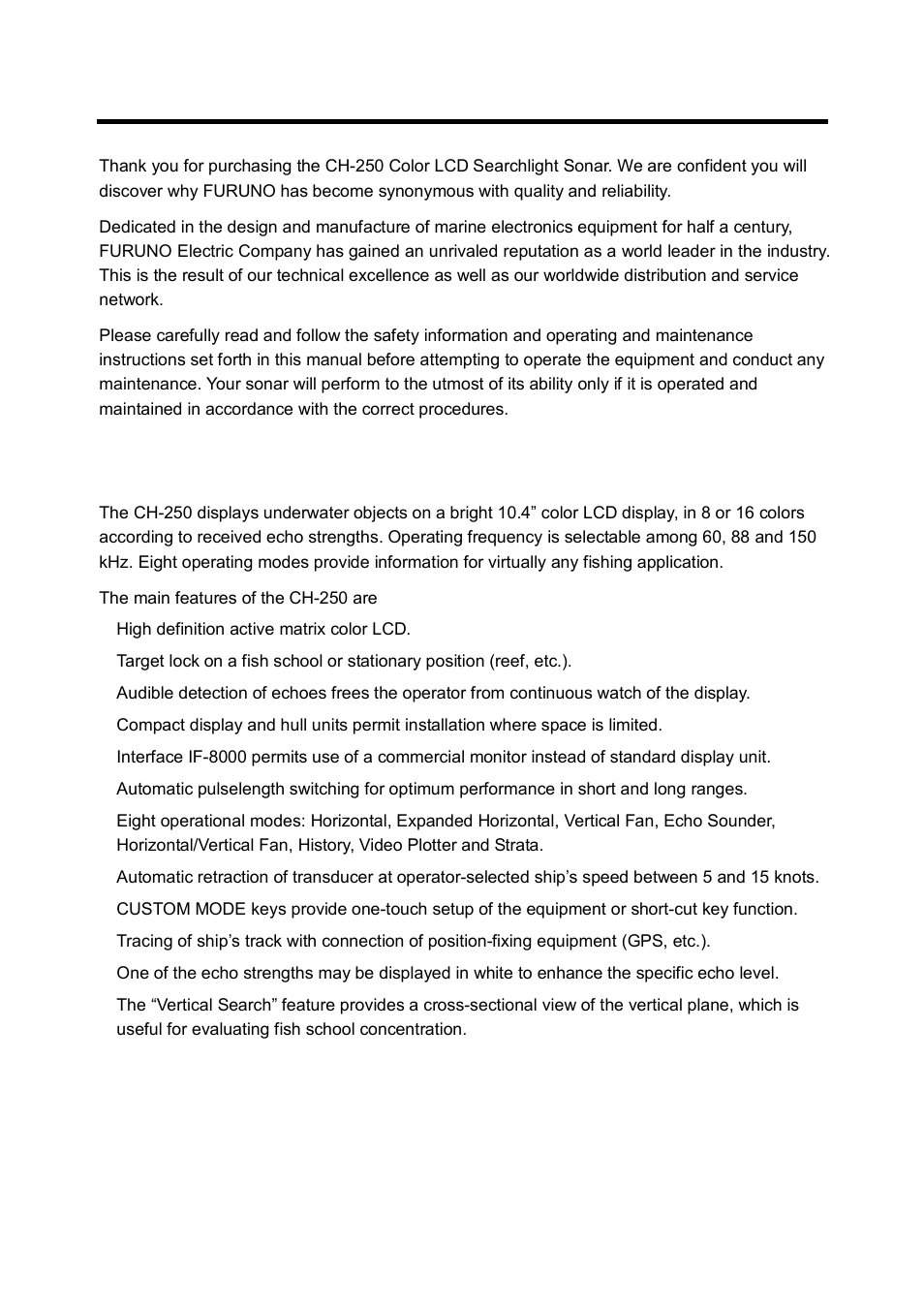 Foreworda, Foreword, Features | Furuno CH-250 User Manual | Page 7 / 118