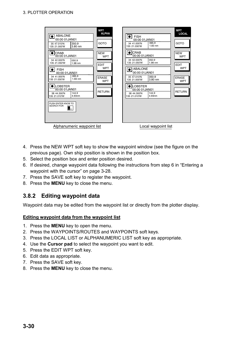 2 editing waypoint data, Plotter operation, Alphanumeric waypoint list | Local waypoint list | Furuno color video plotter GD1720C User Manual | Page 101 / 247