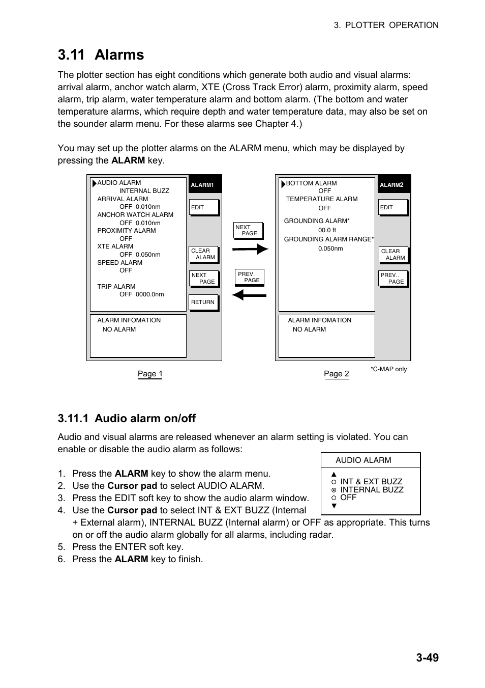 11 alarms, 1 audio alarm on/off, Plotter alarm menu | Furuno color video plotter GD1720C User Manual | Page 120 / 247