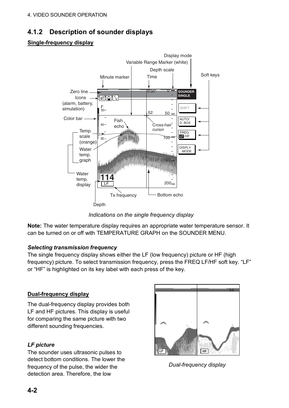2 description of sounder displays, Dual-frequency display, Single-frequency display | Furuno color video plotter GD1720C User Manual | Page 131 / 247