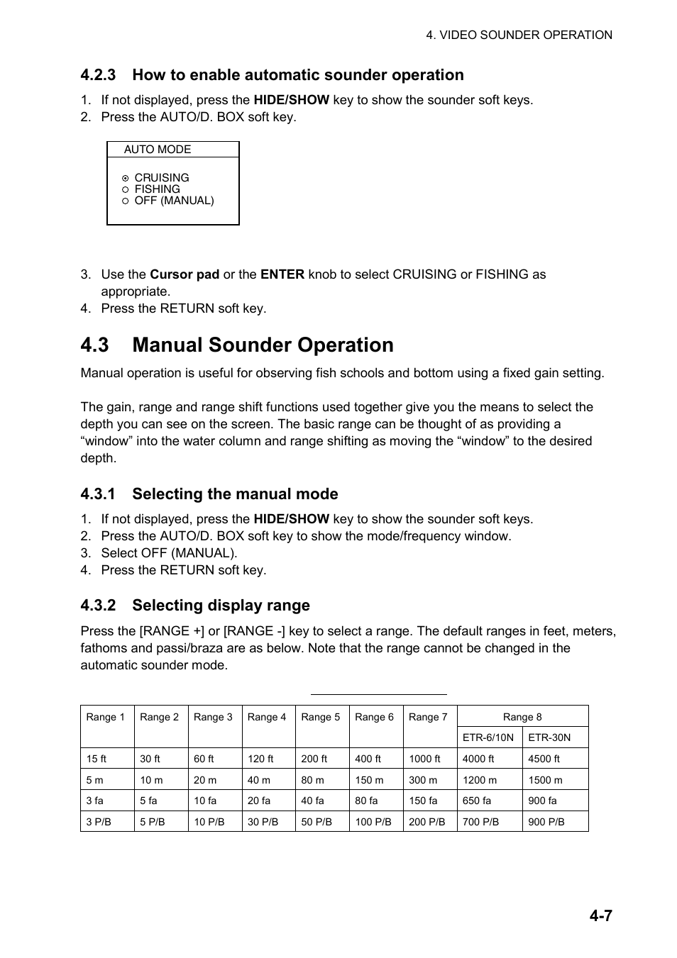 3 manual sounder operation, 7 4.2.3 how to enable automatic sounder operation, 1 selecting the manual mode | 2 selecting display range | Furuno color video plotter GD1720C User Manual | Page 136 / 247
