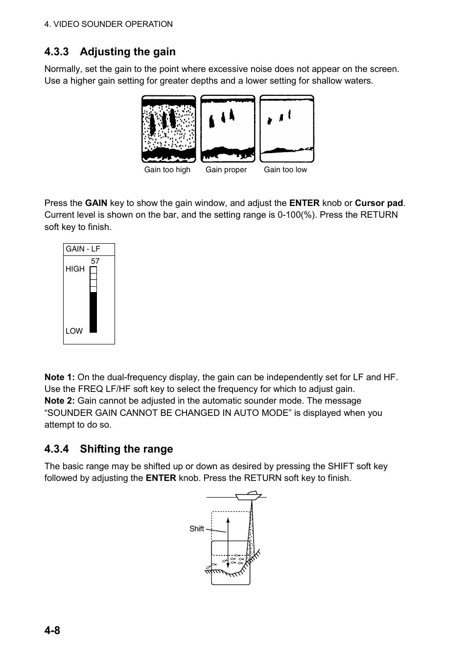 8 4.3.3 adjusting the gain, 4 shifting the range | Furuno color video plotter GD1720C User Manual | Page 137 / 247