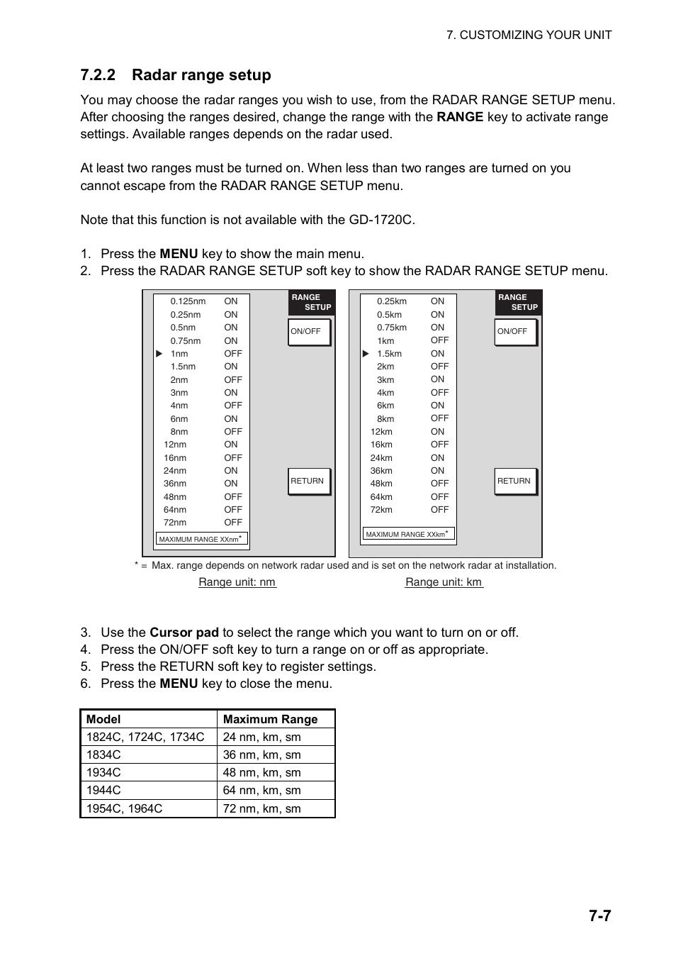 7 7.2.2 radar range setup | Furuno color video plotter GD1720C User Manual | Page 176 / 247