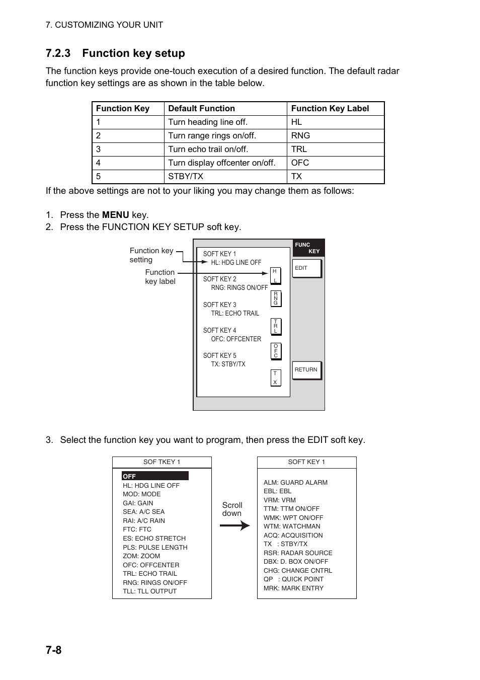8 7.2.3 function key setup, Radar function key options | Furuno color video plotter GD1720C User Manual | Page 177 / 247